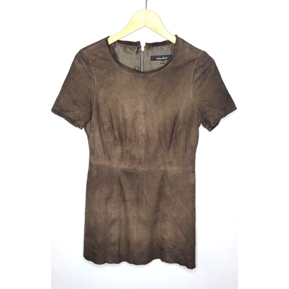 Muubaa Dress Womens 4 Brown Gray Suede Mini Tunic Dark Academia Leather Top Tee